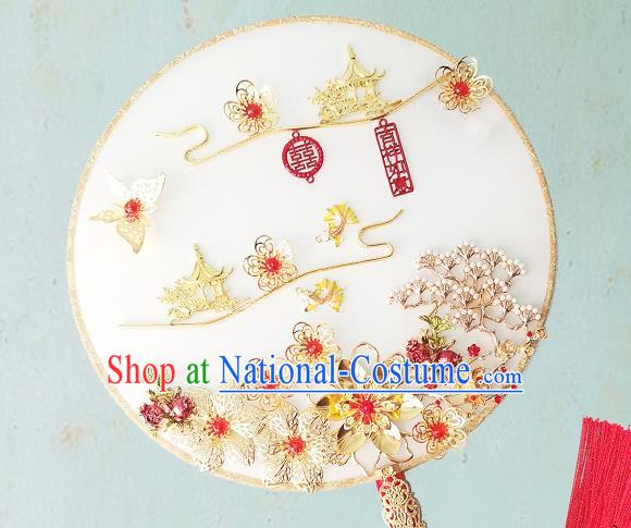 Chinese Traditional Hanfu White Palace Fans Classical Wedding Round Fan for Women