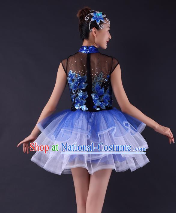 Professional Modern Dance Blue Short Dress Opening Dance Compere Stage Performance Costume for Women