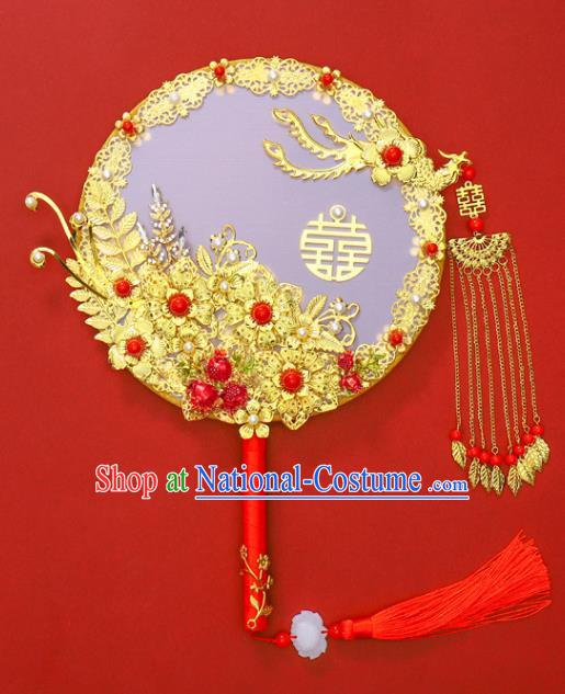 Chinese Traditional Hanfu Golden Phoenix Palace Fans Classical Wedding Round Fan for Women