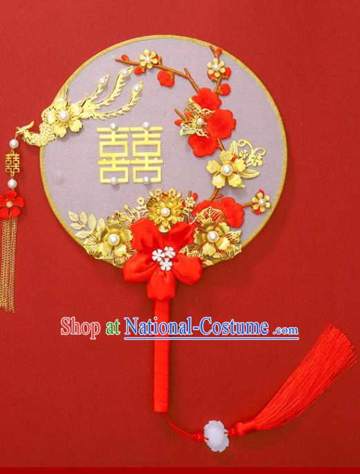 Chinese Traditional Hanfu Golden Phoenix Plum Palace Fans Classical Wedding Round Fan for Women