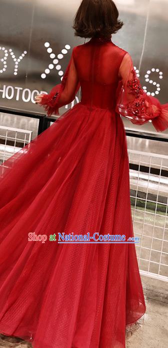 Professional Modern Dance Bride Red Veil Full Dress Compere Stage Performance Costume for Women