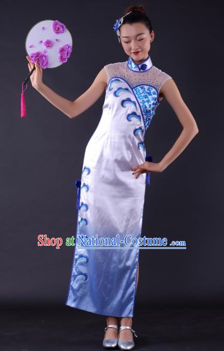 Chinese Classical Dance Fan Dance White Qipao Dress Traditional Stage Performance Costume for Women