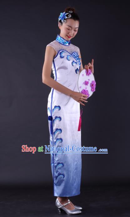 Chinese Classical Dance Fan Dance White Qipao Dress Traditional Stage Performance Costume for Women