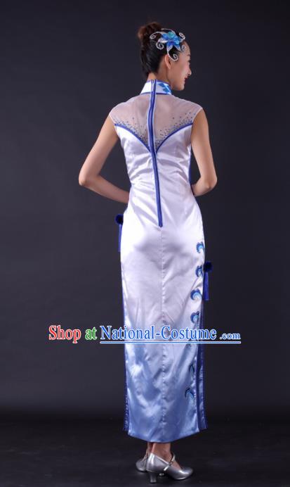 Chinese Classical Dance Fan Dance White Qipao Dress Traditional Stage Performance Costume for Women