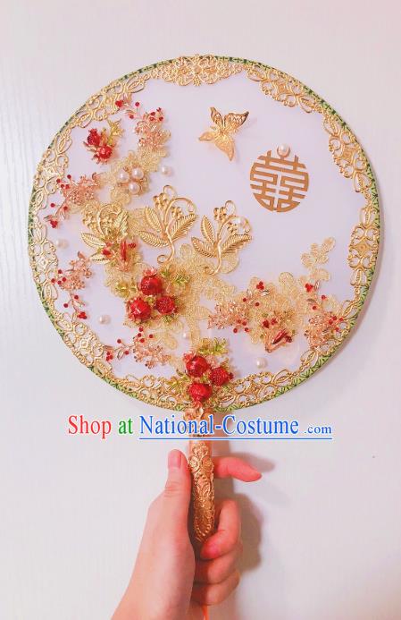 Chinese Traditional Handmade Hanfu Golden Butterfly Palace Fans Classical Wedding Round Fan for Women