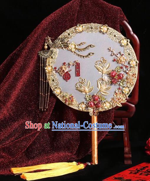 Chinese Traditional Handmade Hanfu Golden Phoenix Palace Fans Classical Wedding Round Fan for Women