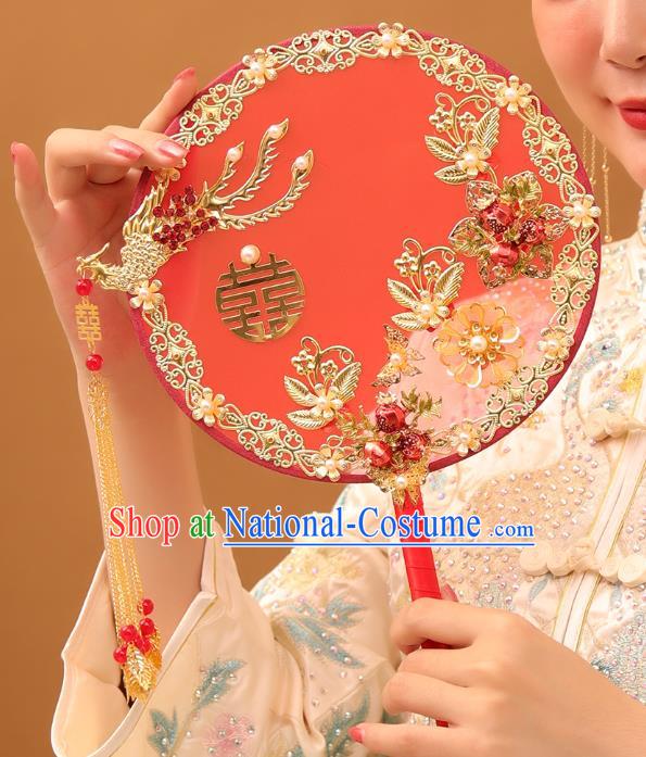 Chinese Traditional Handmade Hanfu Red Palace Fans Classical Wedding Silk Fan for Women