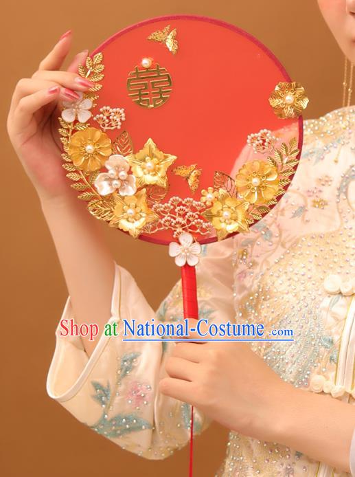 Chinese Traditional Handmade Hanfu Flowers Red Palace Fans Classical Wedding Silk Fan for Women