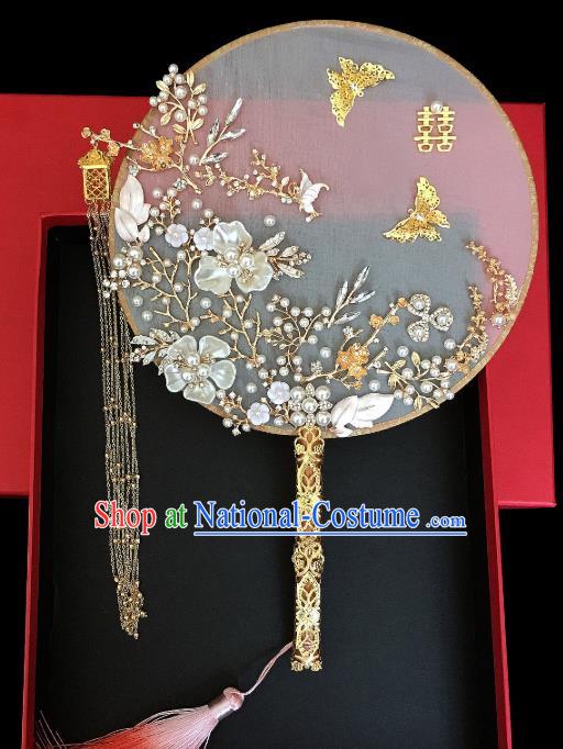 Chinese Traditional Handmade Hanfu Shell Plum Palace Fans Classical Wedding Silk Fan for Women