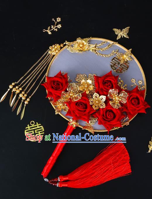 Chinese Traditional Handmade Hanfu Red Rose Palace Fans Classical Wedding Silk Round Fan for Women