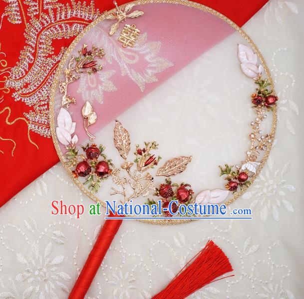 Chinese Traditional Handmade Hanfu Red Pomegranate Palace Fans Classical Wedding Silk Round Fan for Women