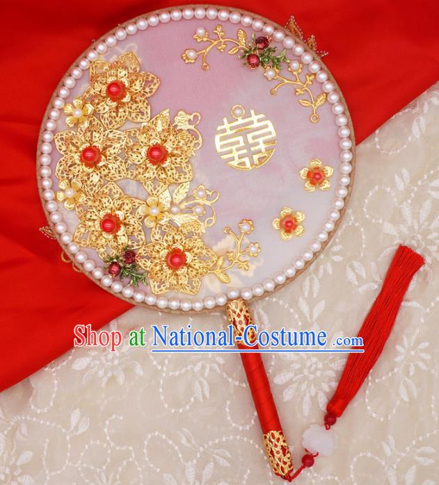 Chinese Traditional Handmade Hanfu Pearls Palace Fans Classical Wedding Silk Round Fan for Women