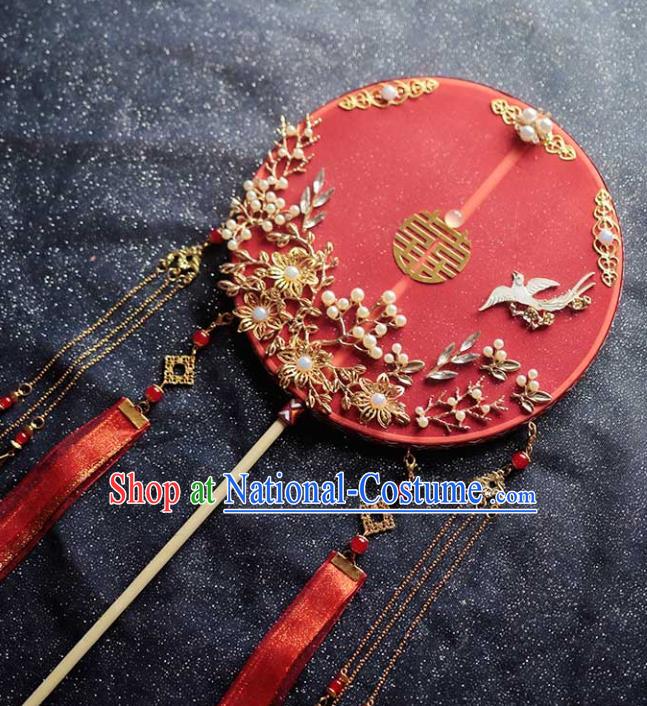 Chinese Traditional Hanfu Red Ribbon Palace Fans Classical Wedding Round Fan for Women