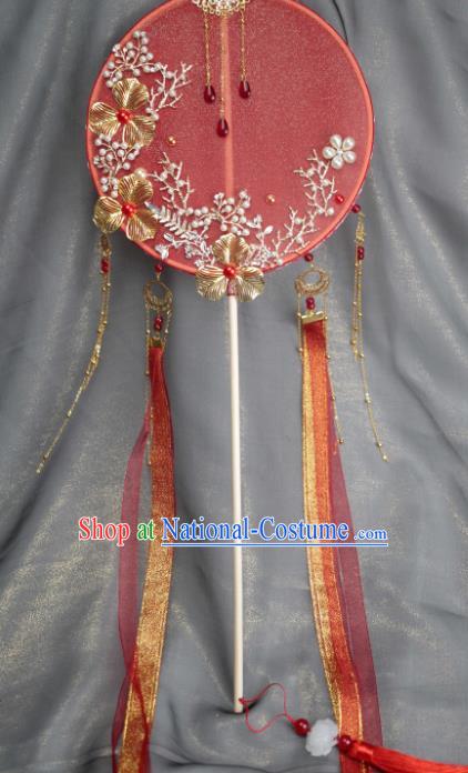 Chinese Traditional Hanfu Wedding Red Ribbon Palace Fans Classical Round Fan for Women