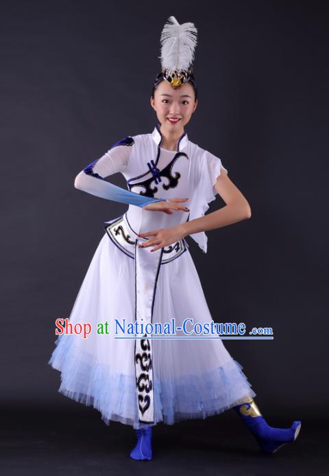 Chinese Traditional Mongolian Dance White Dress China Mongol Nationality Stage Performance Costume for Women