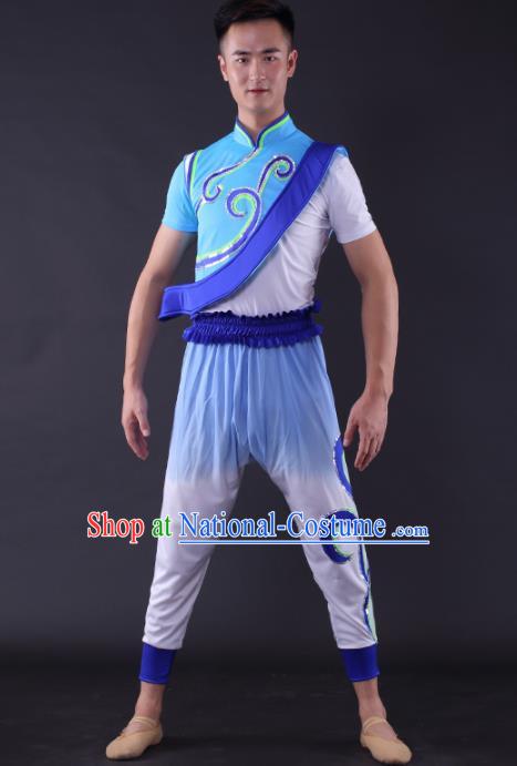 Chinese Traditional Male Dance Blue Clothing China Folk Dance Stage Performance Costume for Men