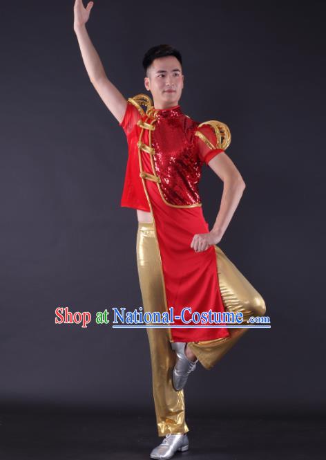 Chinese Traditional Male Dance Red Clothing China Folk Dance Stage Performance Costume for Men