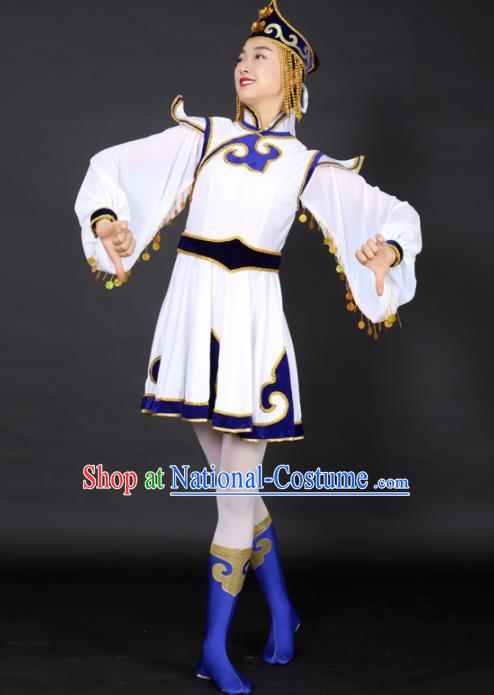 Chinese Mongolian Dance White Dress Traditional Mongol Nationality Stage Performance Costume for Women