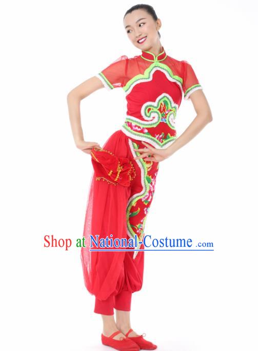 Chinese Traditional Yangko Dance Red Veil Outfits Folk Dance Stage Performance Costume for Women