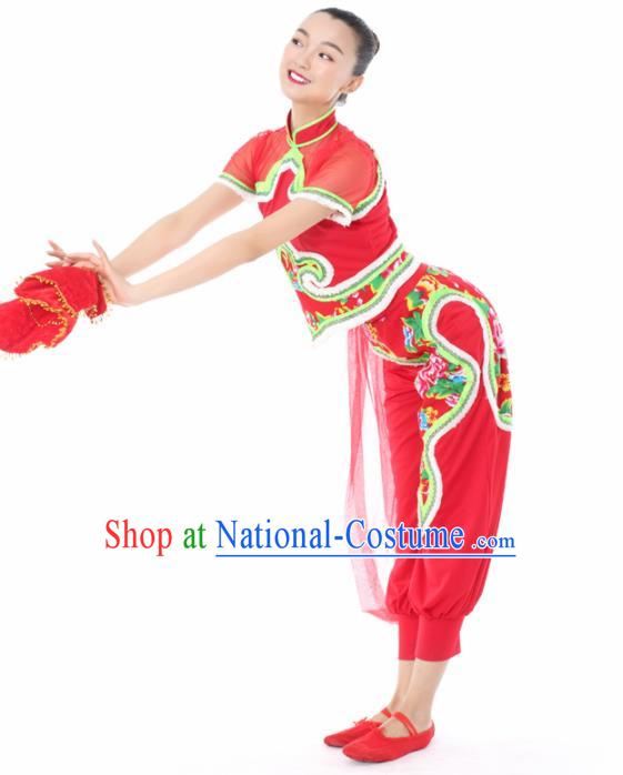 Chinese Traditional Yangko Dance Red Veil Outfits Folk Dance Stage Performance Costume for Women