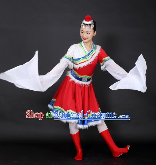 Chinese Tibetan Dance Red Short Dress Traditional Zang Nationality Stage Performance Costume for Women