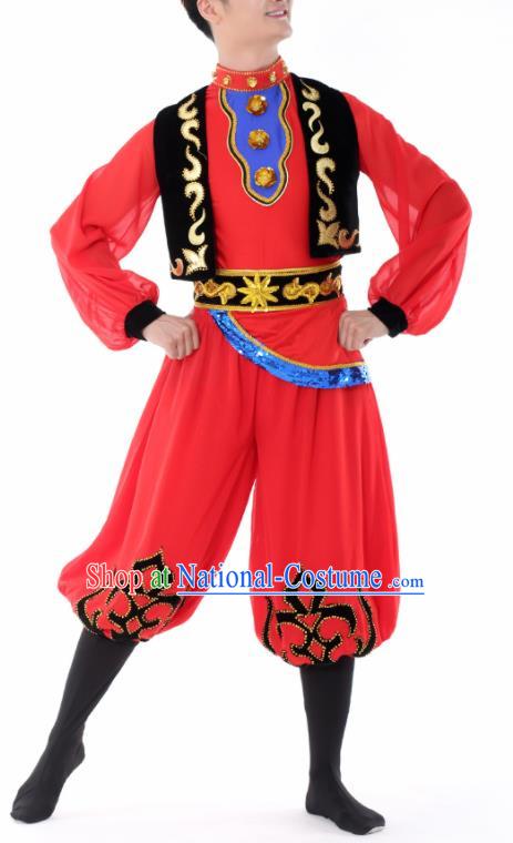 Chinese Traditional Uyghur Nationality Dance Red Clothing China Folk Dance Stage Performance Costume for Men