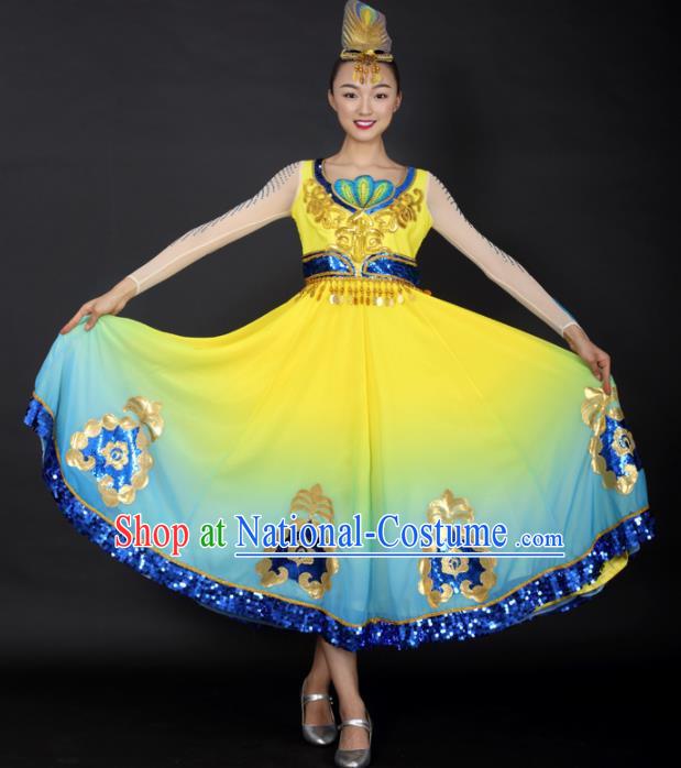 Chinese Uigurian Dance Yellow Dress Traditional Uyghur Nationality Stage Performance Costume for Women