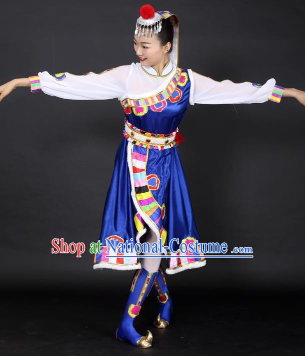 Chinese Tibetan Dance Royalblue Dress Traditional Zang Nationality Stage Performance Costume for Women