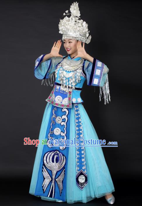 Chinese Hmong Dance Blue Dress Traditional Miao Nationality Stage Performance Costume for Women