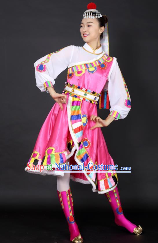 Chinese Tibetan Dance Pink Dress Traditional Zang Nationality Stage Performance Costume for Women