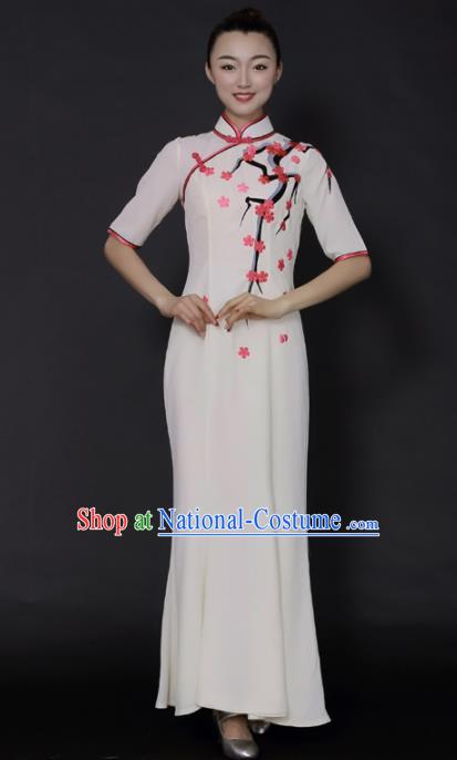 Chinese Classical Dance White Qipao Dress Traditional Fan Dance Stage Performance Costume for Women