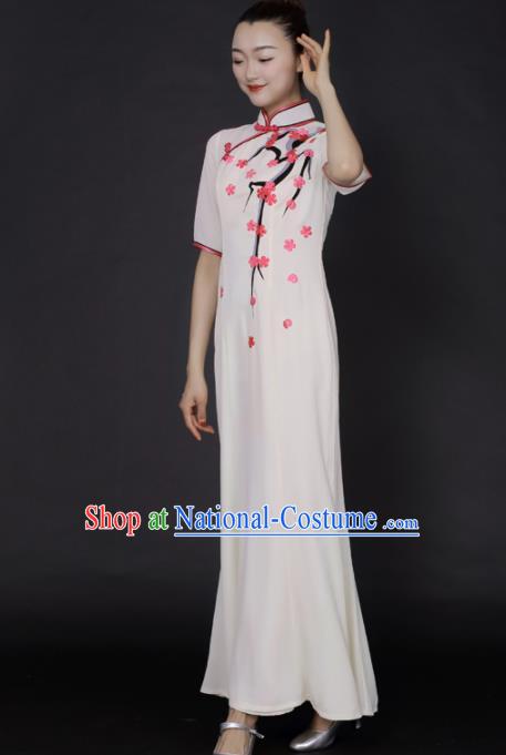 Chinese Classical Dance White Qipao Dress Traditional Fan Dance Stage Performance Costume for Women