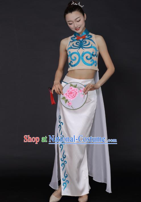 Chinese Classical Dance White Dress Traditional Fan Dance Stage Performance Costume for Women