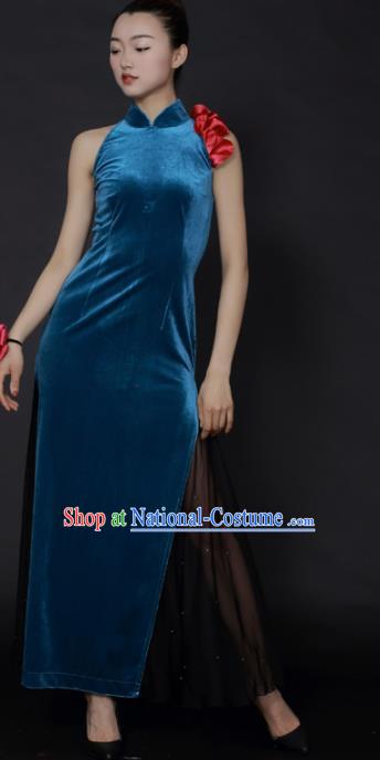 Chinese Classical Dance Blue Velvet Qipao Dress Traditional Fan Dance Stage Performance Costume for Women