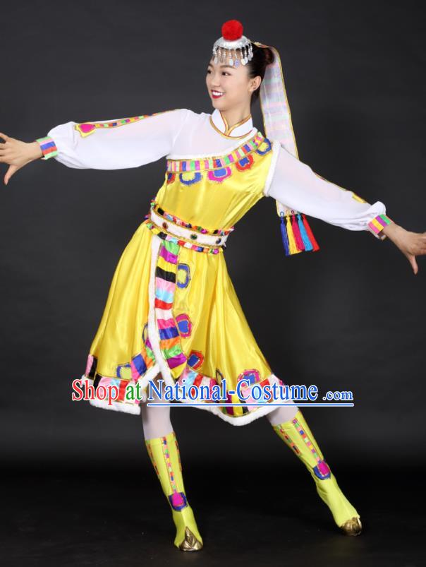 Chinese Tibetan Dance Yellow Dress Traditional Zang Nationality Stage Performance Costume for Women