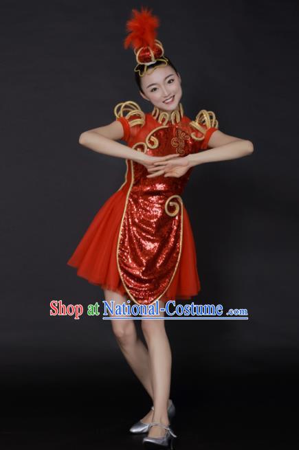 Professional Modern Dance Red Sequins Short Dress Opening Dance Stage Performance Costume for Women