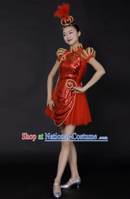 Professional Modern Dance Red Sequins Short Dress Opening Dance Stage Performance Costume for Women