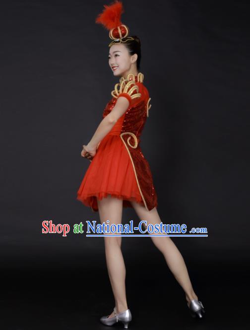 Professional Modern Dance Red Sequins Short Dress Opening Dance Stage Performance Costume for Women