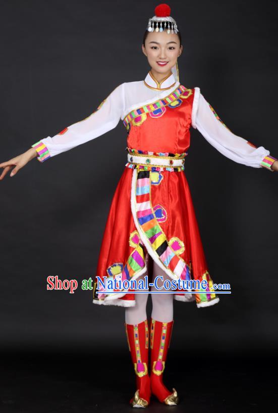 Chinese Tibetan Dance Red Dress Traditional Zang Nationality Stage Performance Costume for Women