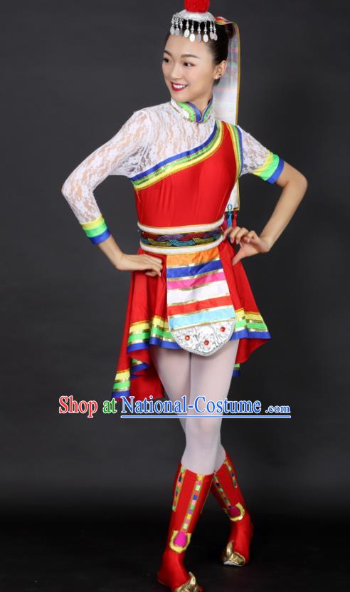 Chinese Tibetan Dance Red Short Dress Traditional Zang Nationality Stage Performance Costume for Women