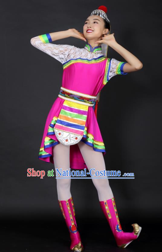 Chinese Tibetan Dance Rosy Short Dress Traditional Zang Nationality Stage Performance Costume for Women