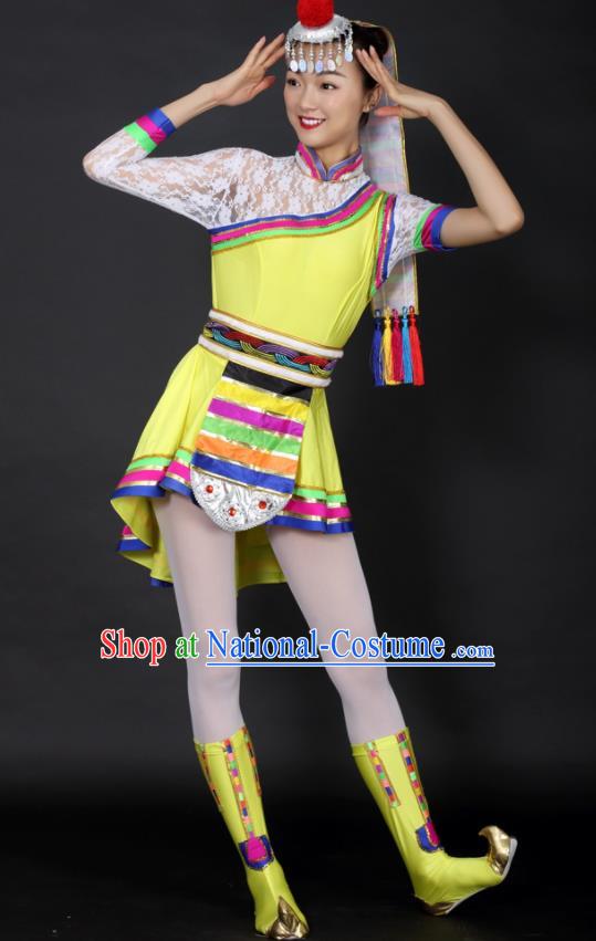 Chinese Tibetan Dance Yellow Short Dress Traditional Zang Nationality Stage Performance Costume for Women