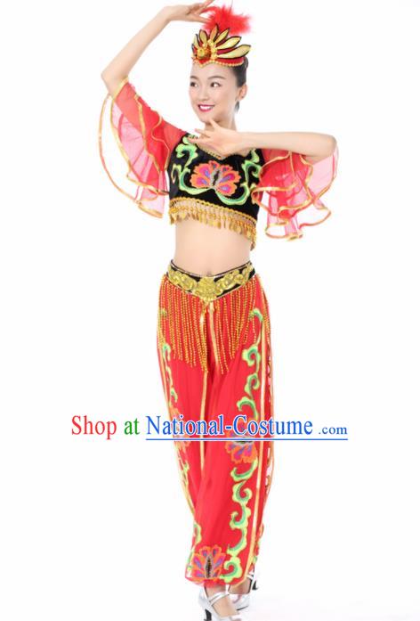 Chinese Uigurian Dance Red Clothing Traditional Uyghur Nationality Stage Performance Costume for Women