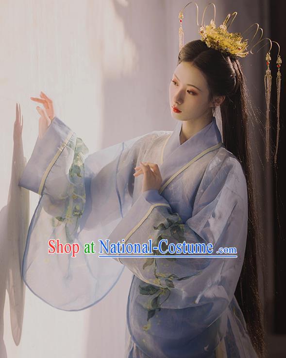 Chinese Traditional Han Dynasty Royal Princess Historical Costume Ancient Goddess Blue Hanfu Dress for Women