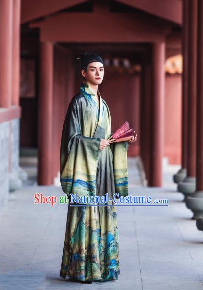 Chinese Traditional Ming Dynasty Scholar Historical Costume Ancient Taoist Green Robe for Men