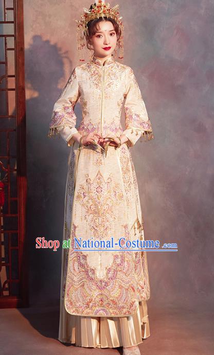 Chinese Traditional Embroidered Drilling Champagne Xiuhe Suits Wedding Dress Ancient Bride Costume for Women