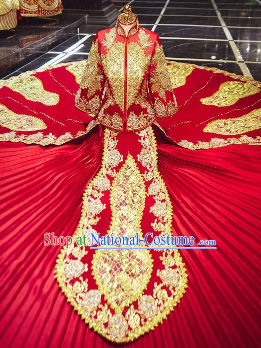 Chinese Traditional Embroidered Trailing Red Xiuhe Suits Wedding Dress Ancient Bride Costume for Women