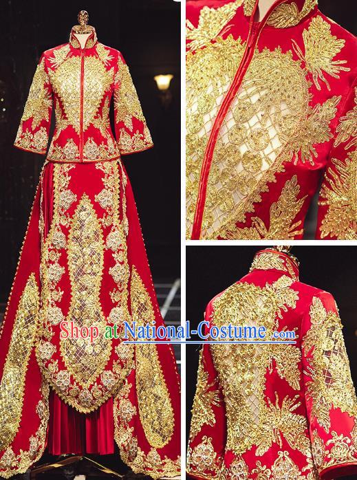 Chinese Traditional Embroidered Trailing Red Xiuhe Suits Wedding Dress Ancient Bride Costume for Women