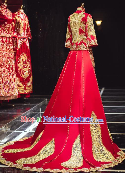 Chinese Traditional Embroidered Trailing Red Xiuhe Suits Wedding Dress Ancient Bride Costume for Women