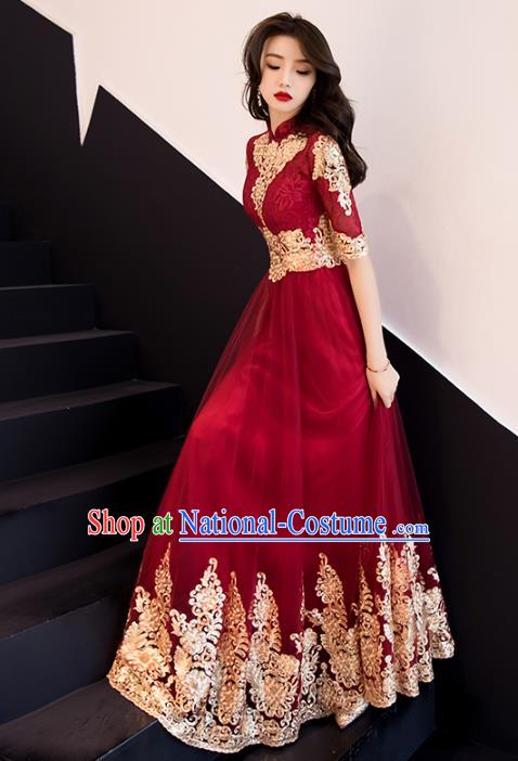 Professional Bride Wine Red Full Dress Compere Stage Performance Costume for Women